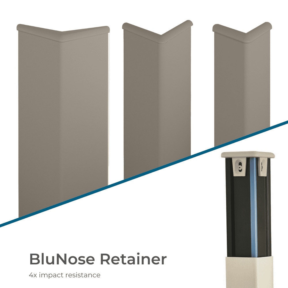 High impact corner guard with BluNose retainer and vinyl cover system
